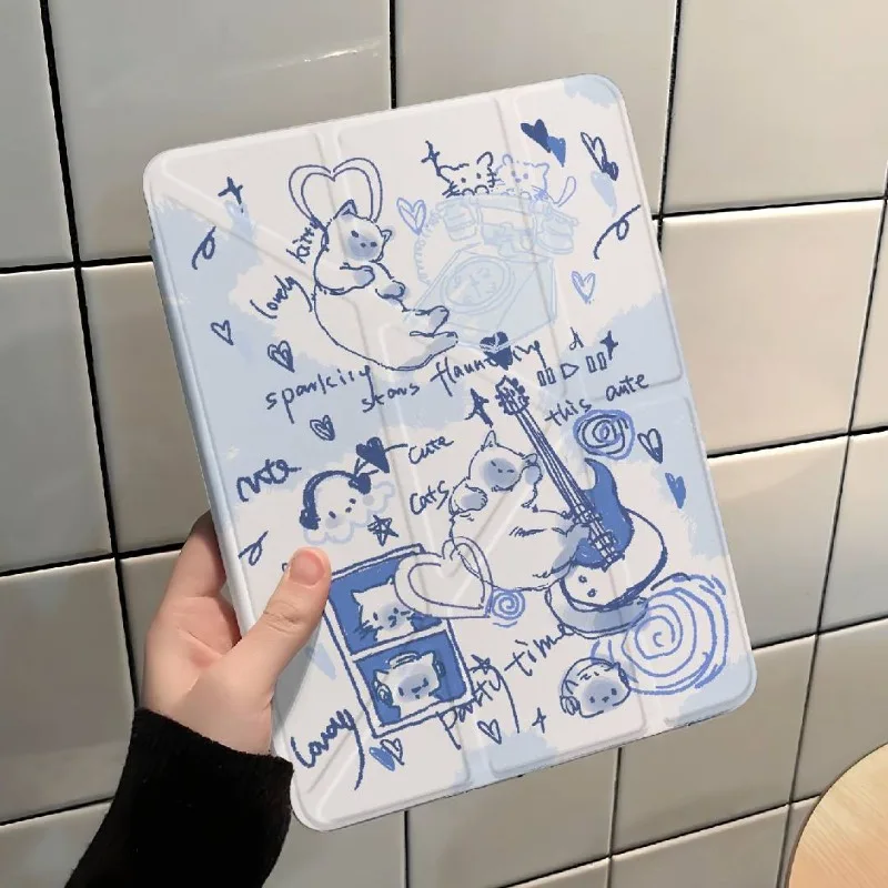 Musical Cat 3+Y Fold Case for Samsung Tab S6 Lite 10.4 Inch A9 A11 Plus 11 Inch S7 S8 S9 11 S7 S9 S10 Plus 12.4 Inch A9 A11 8.7