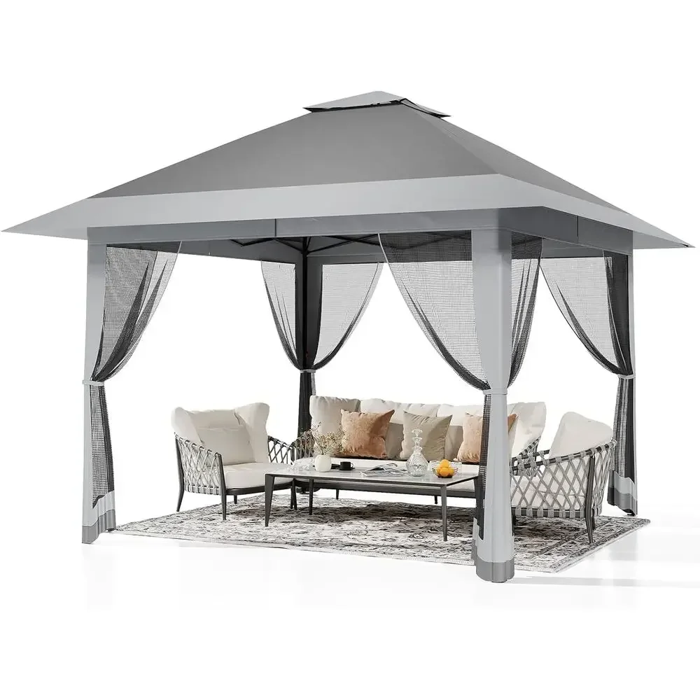 13x13 Hardtop Gazebo with Mosquito Net, 3-Level Height Adjustment, UV-Resistant for Outdoor or Backyard Use (Gray)