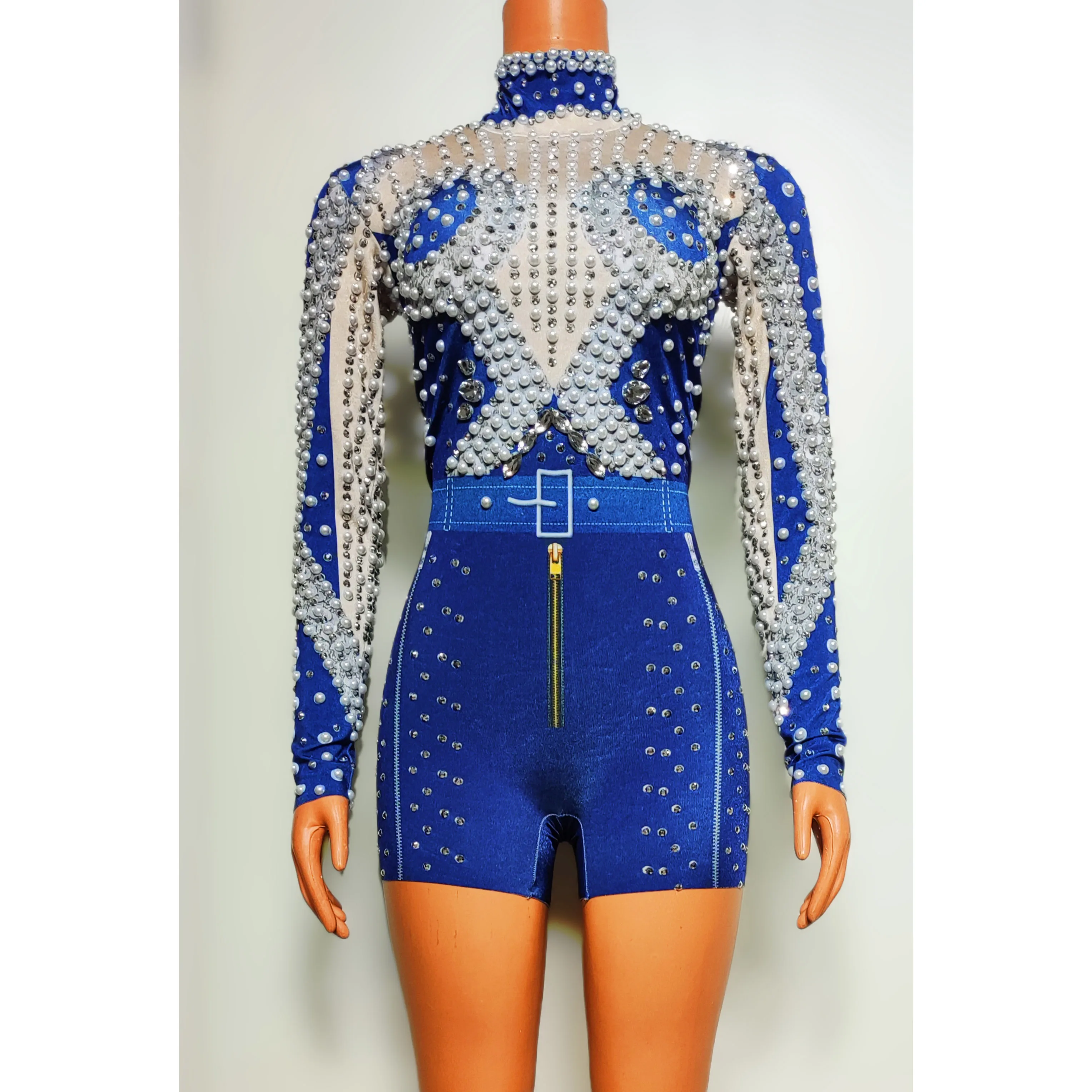 Seksowny strój do tańca Gogo z perłami i cyrkoniami, wysoki kołnierz, strój klubowy, kostium na festiwal, strój sceniczny dla piosenkarza, model yj270