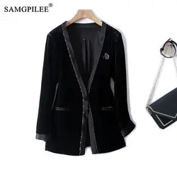 European Beaded Autumn Winter 2024 Light Luxury Gold Velvet Female Suits V Neck Single Button Long Sleeve Black Women's Jackets