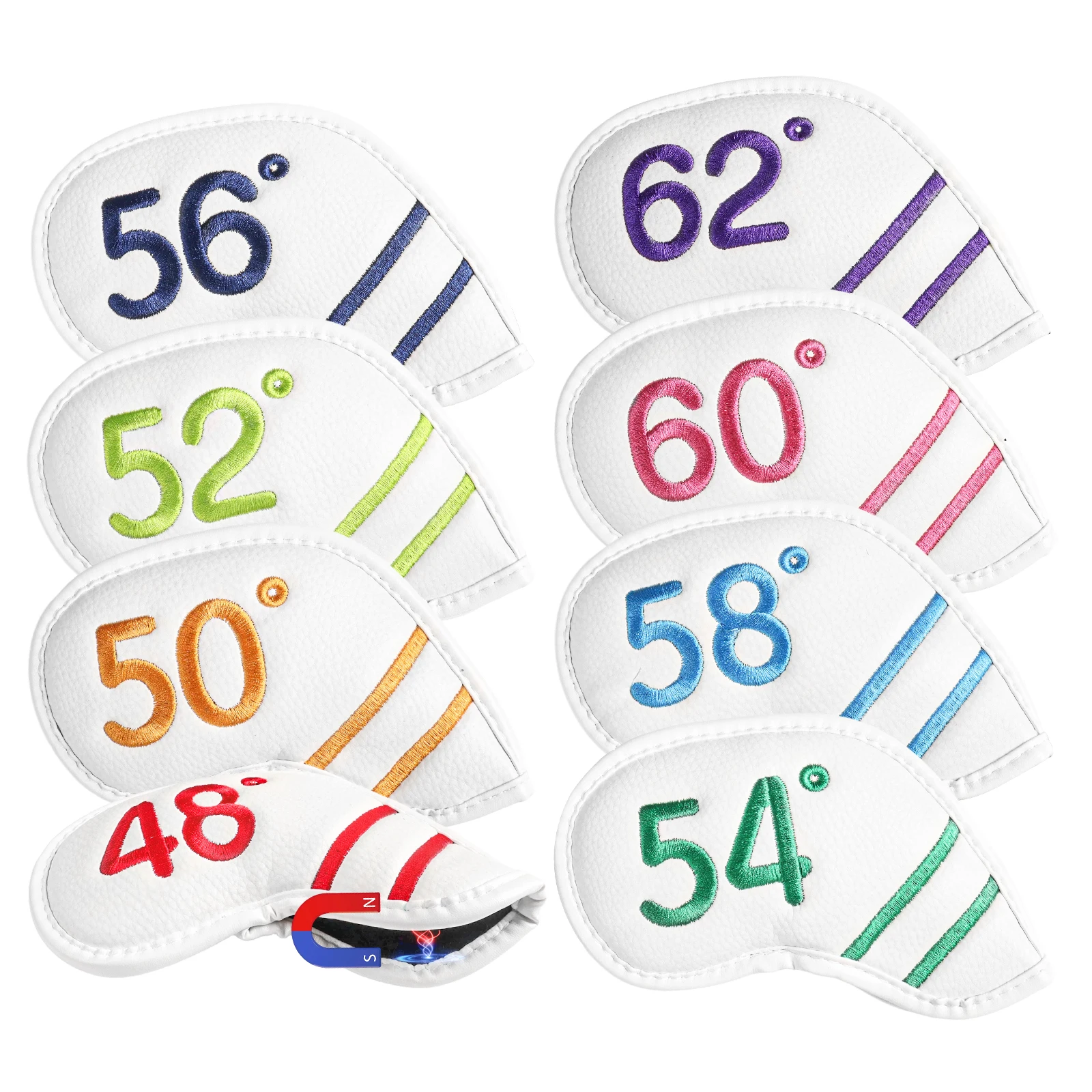 Magnetische golf ijzeren wedge headcovers, 1/8 verpakking, premium PU-leer met stijlvolle dubbelzijdige kleurrijke borduurwerklabel