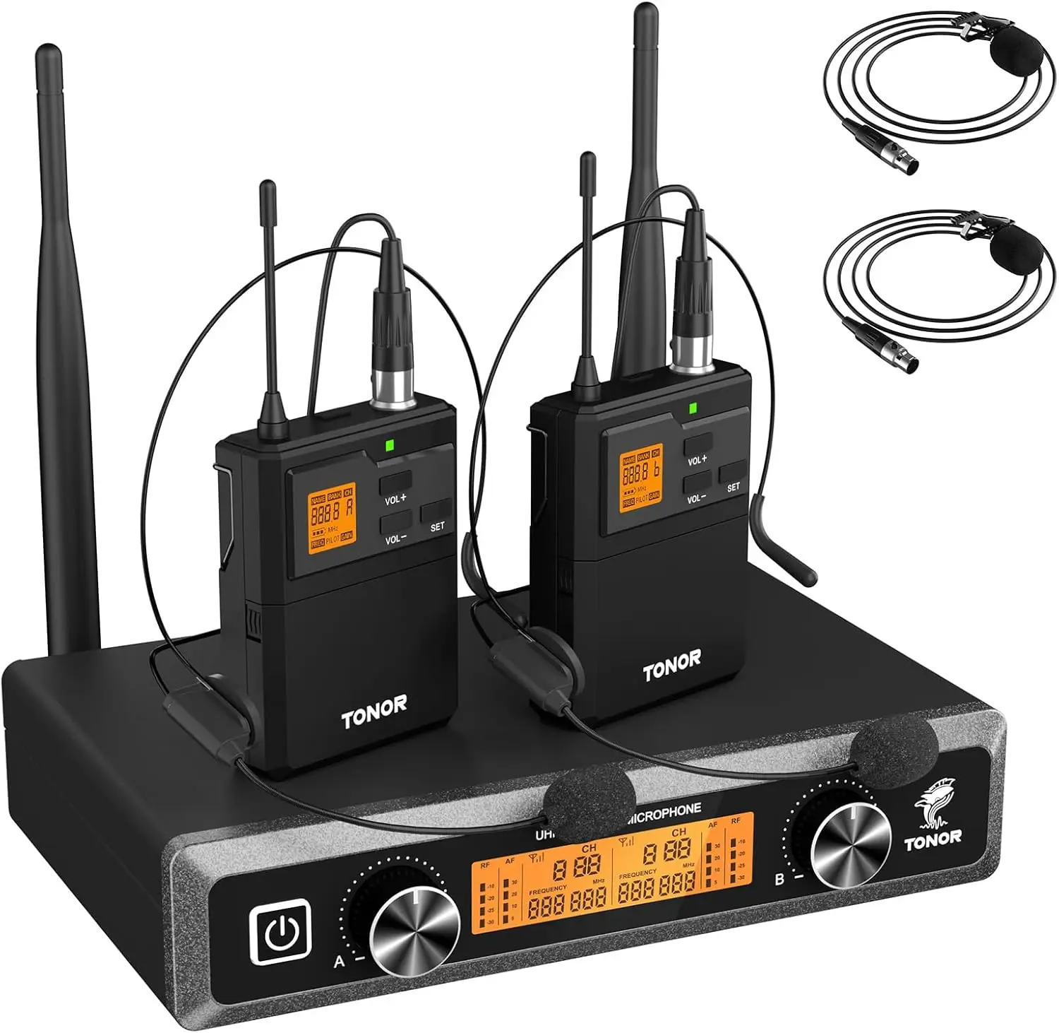 

UHF Wireless Microphones System with Headset Lavalier Lapel Mics Bodypack Transmitter Receiver 2 15 Channels 60 m 200ft Range