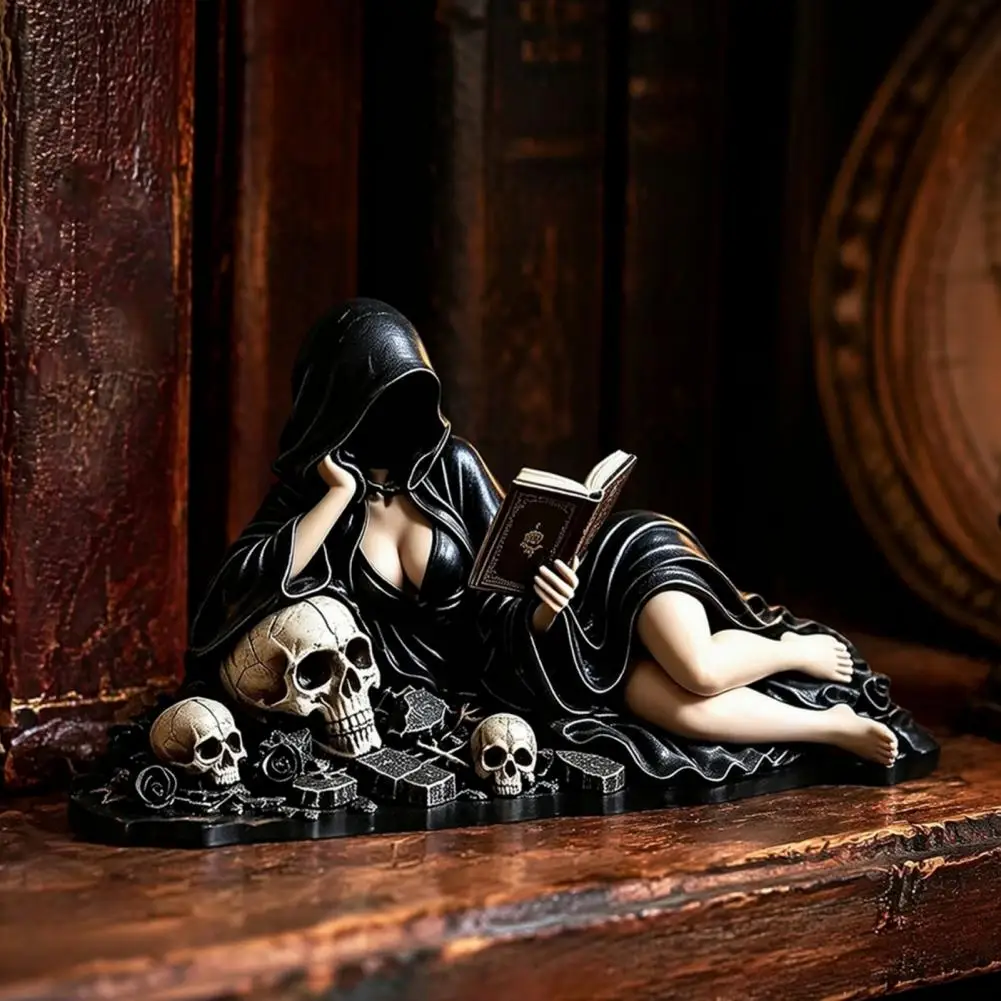 Skeleton Reader Statue Dark Fantasy Reading Corner Decor Reader Statue Resin Figurine Hooded Skeleton Reaper Sitting Book Decor