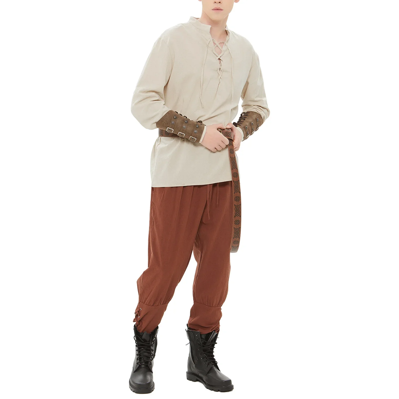 Fantasia de cosplay de pirata viking, renascentista medieval, masculina, camisa com alças, calças, cinto de couro, protetores de pulso, conjunto de acessórios para halloween