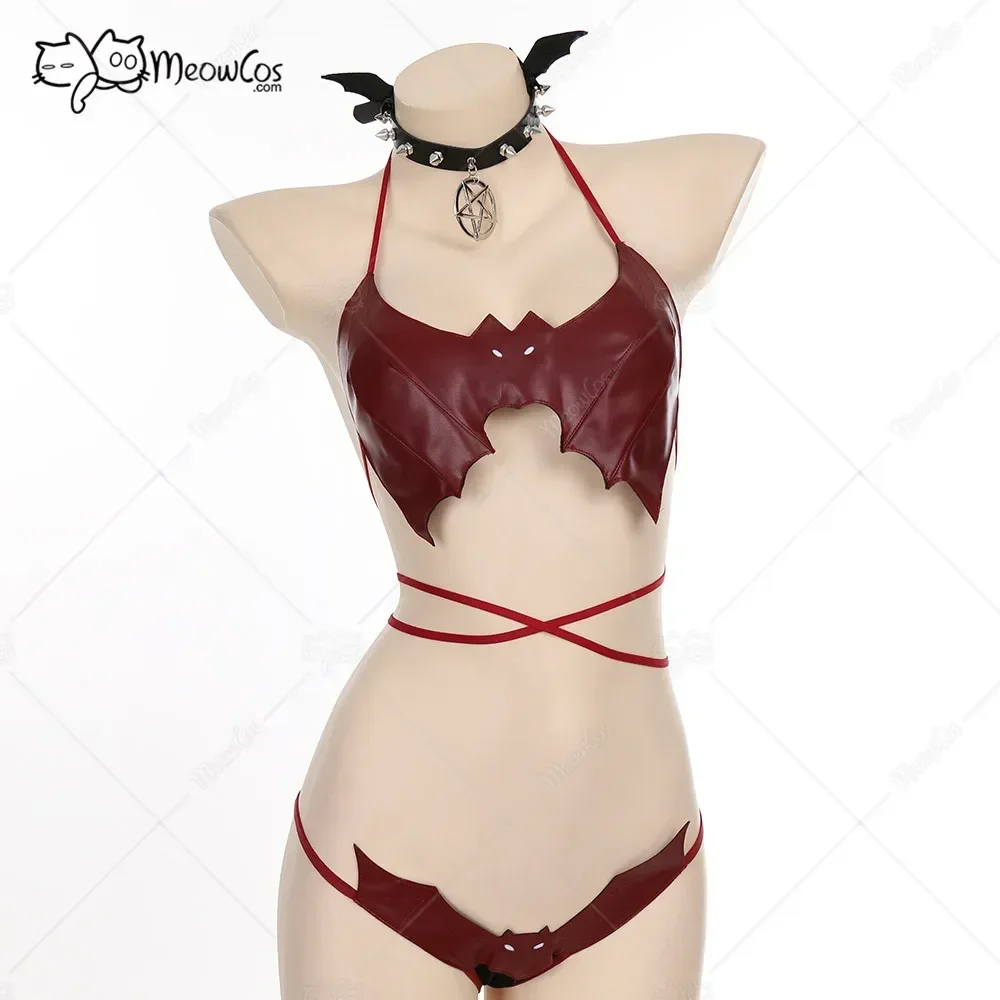 

MEOWCOS Lingerie Set Bra and Panty Sets for Women PU Leather Erotic Dark Little Bat Lingerie