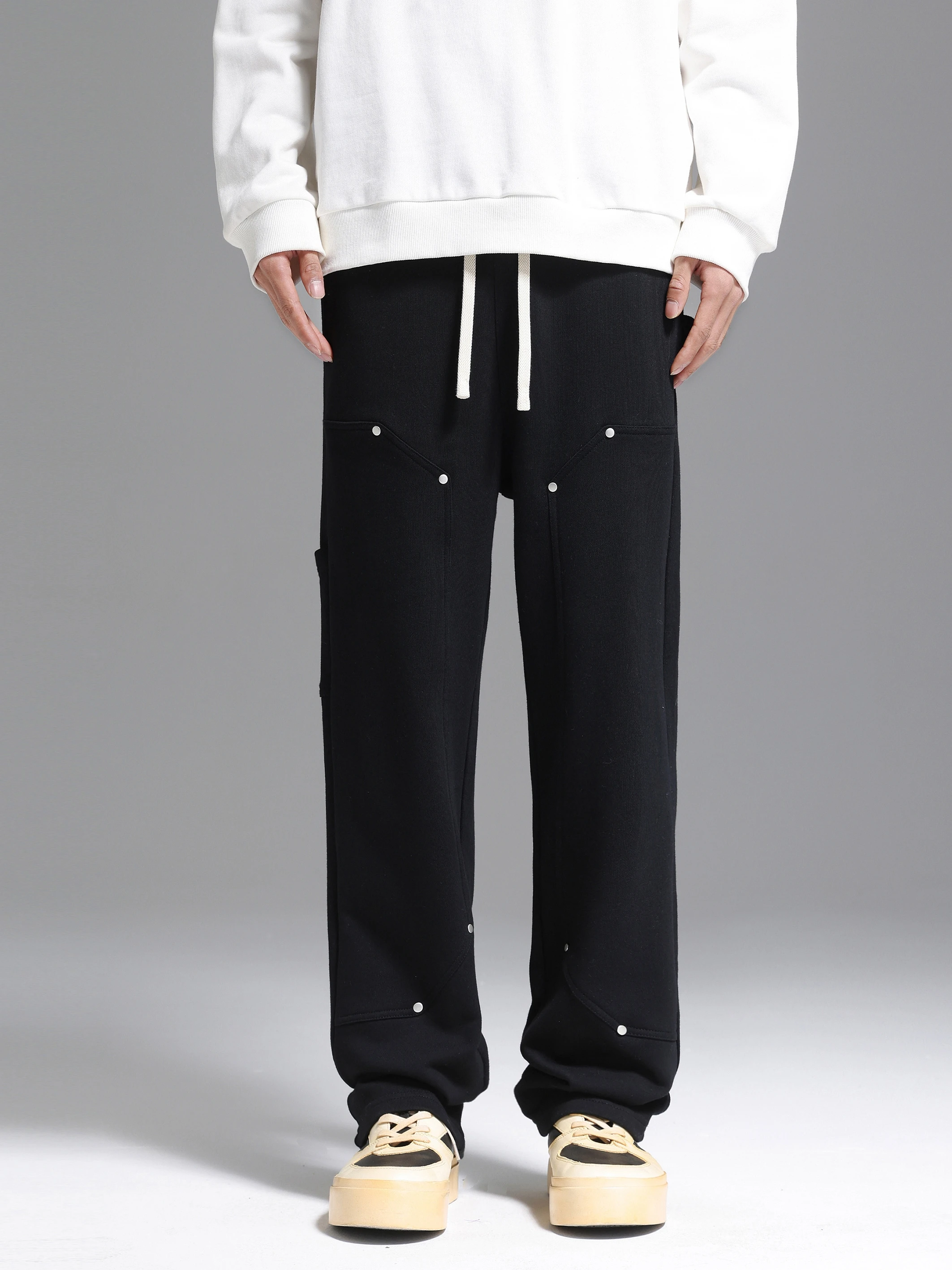 

Side Strap button-down Logging Sweatpants Straight Leg Loose Heavy Cotton High Street Slacks