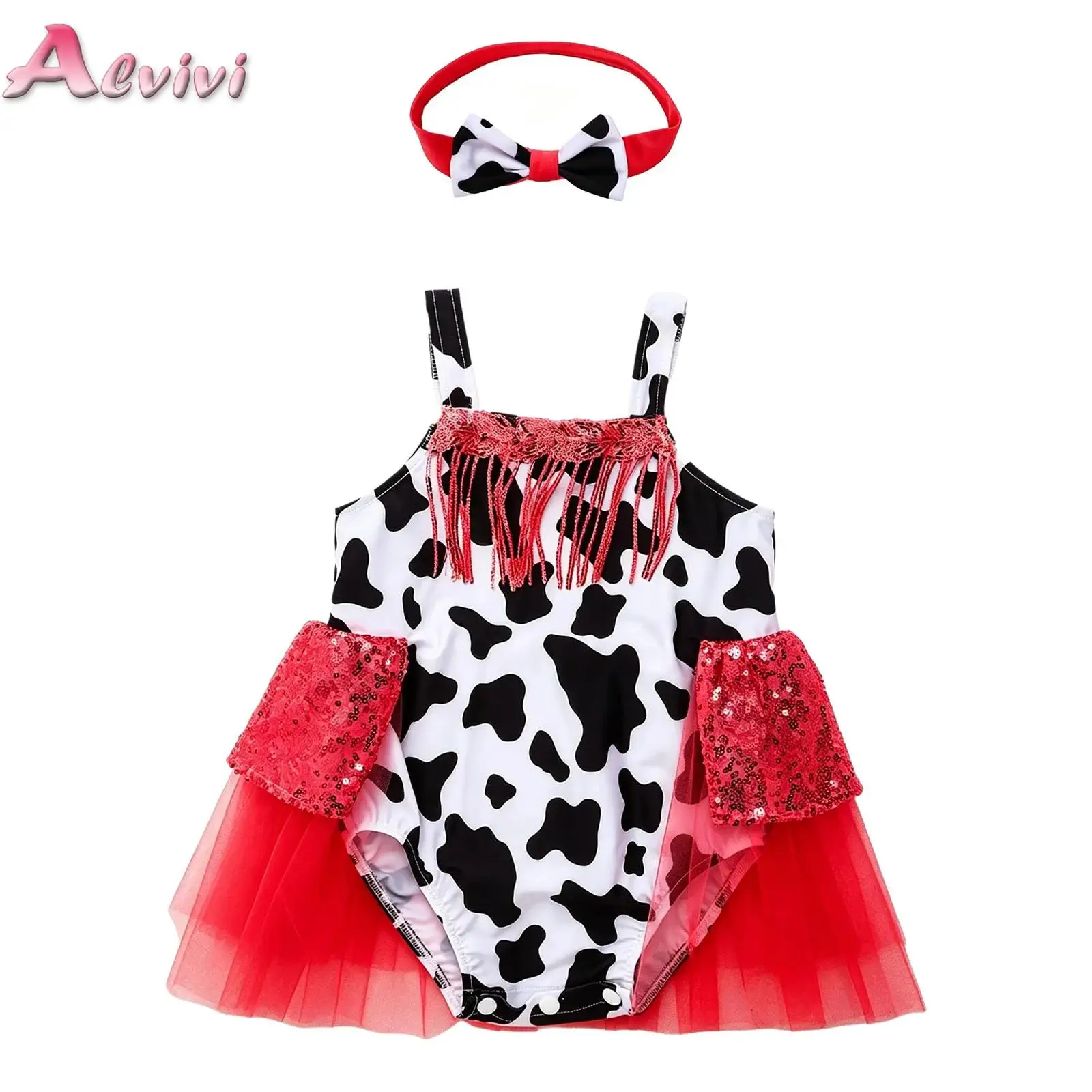 

Baby Girl Western Cowgirl Bodysuit with Bow Headwear Printed Tassel Ruffled Tulle Skirted Sling Leotard for Birthday Photography