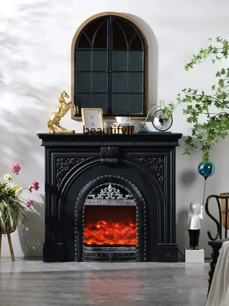 

cqyFrench carved fireplace simulation fire solid wood arched door TV background wall living room decorative cabinet furniture