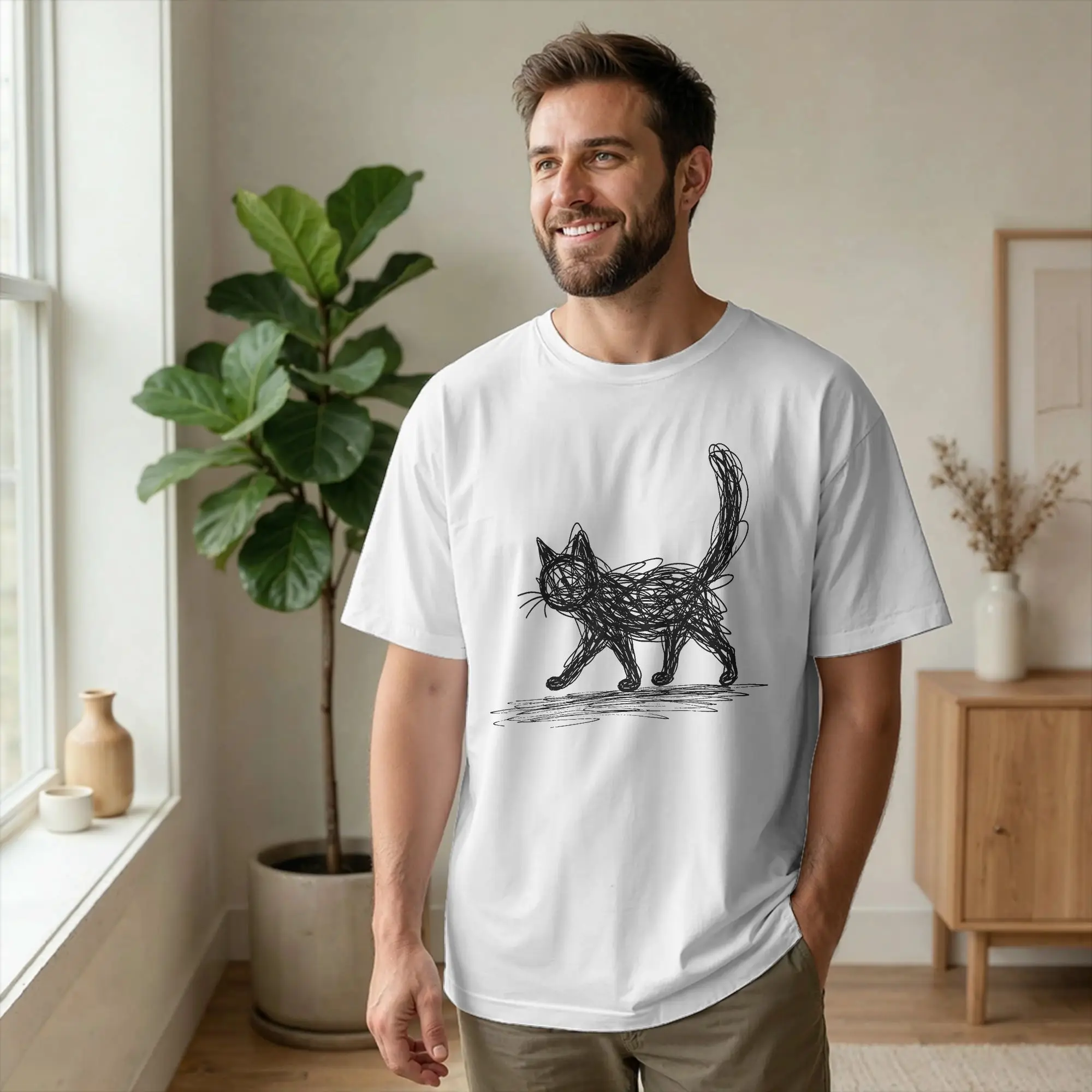 Men's Minimalistic Art Minimalist Cat T Shirts Hand Drawn Kitten Cotton Clothes Short Sleeve Crewneck Tee Gift Idea T-Shirts