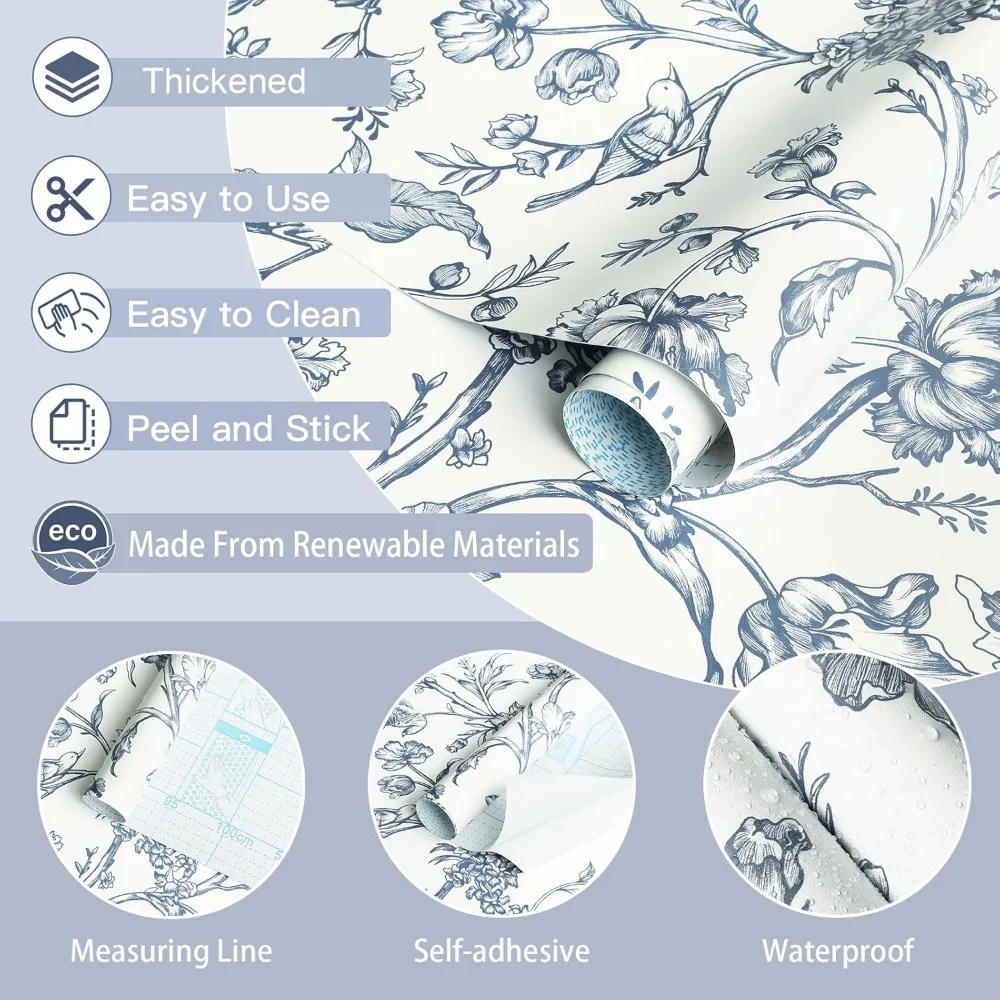 Papel de parede removível com pássaros florais, azul e branco, papel de contato autoadesivo para paredes