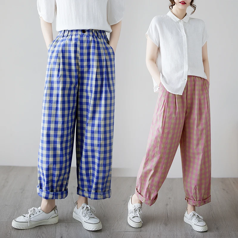 

Casual Harlan Pants Women's plus Size Elastic Waist Artistic Summer New Style Versatile Loose Fit Cotton Trousers