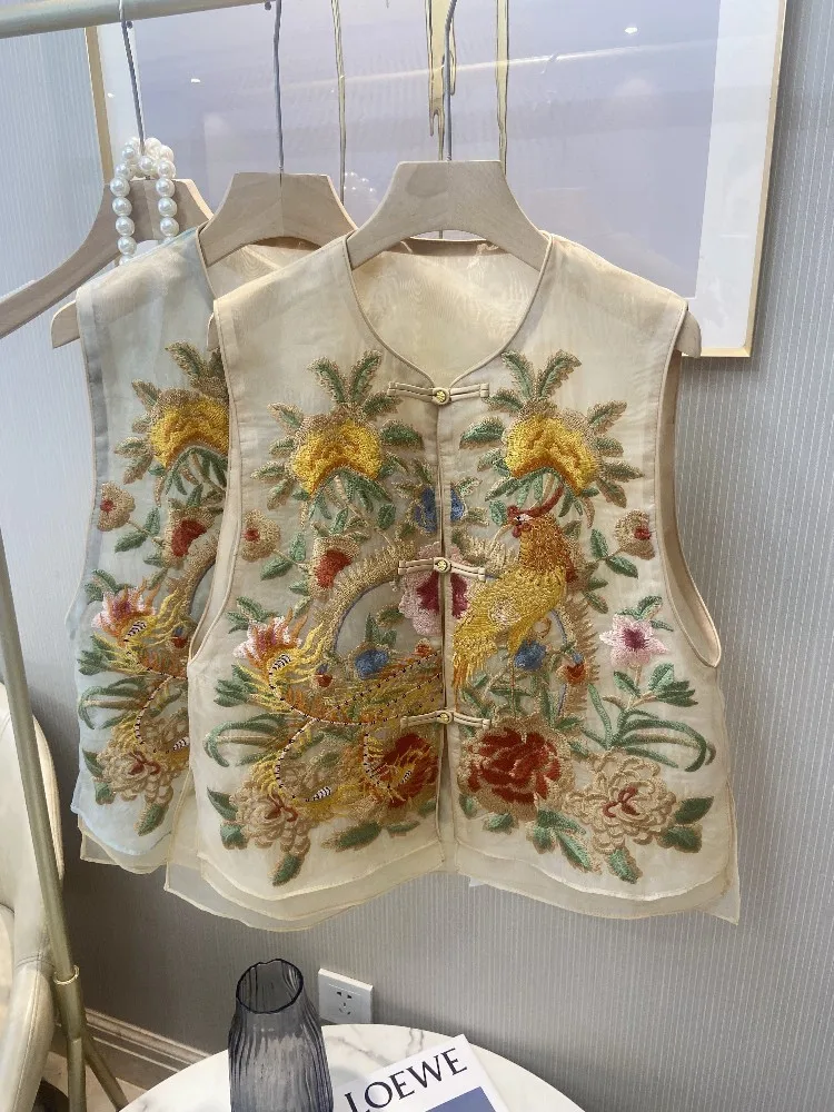 Heavy industry New colorful embroidered gauze color-blocking vest sleeveless female light luxury in Chinese style