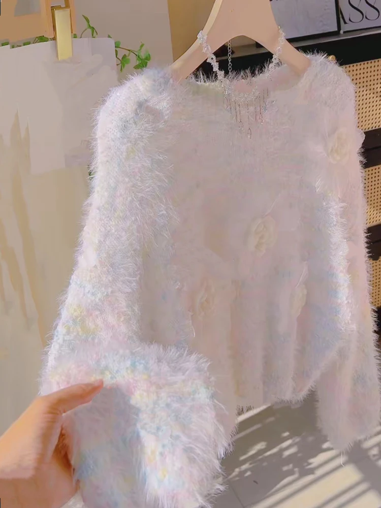 ソフトパープルセーター レディース 秋冬 花柄デザイン センセーション ミンク風ニットトップス スイートジェントル スレ ロングスリーブ...