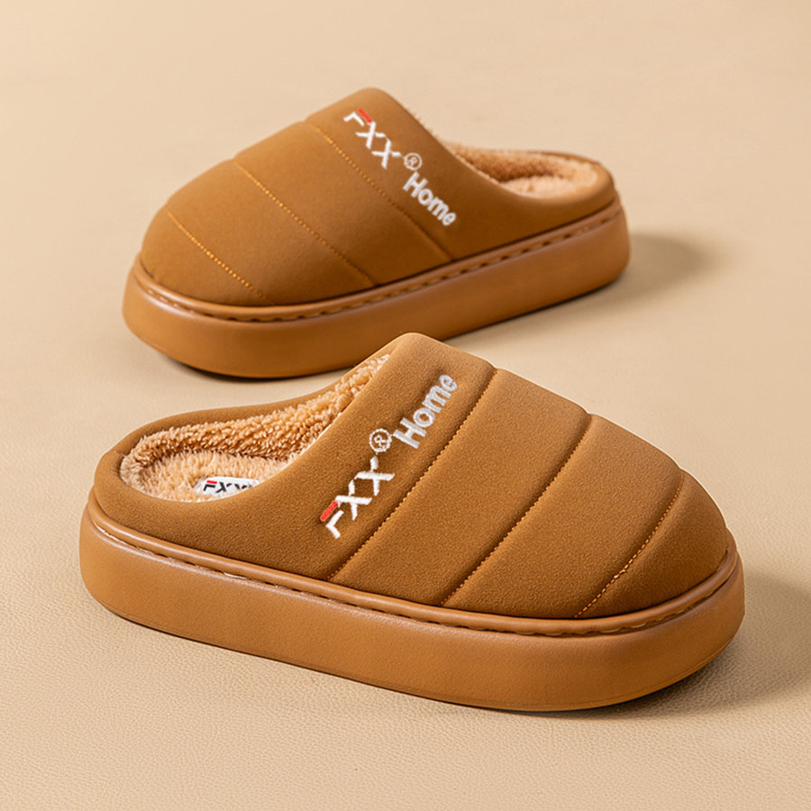  PU waterproof cotton slippers for men's autumn and winter new style indoor home thick bottom anti slip and plush warm slippers 