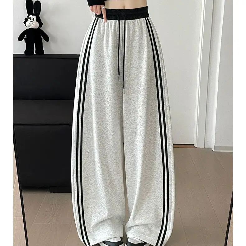 2025 New White Gray Sports Pants for Women's Autumn High Waisted Loose Wide Leg Pants, American Retro Striped Casual Pants