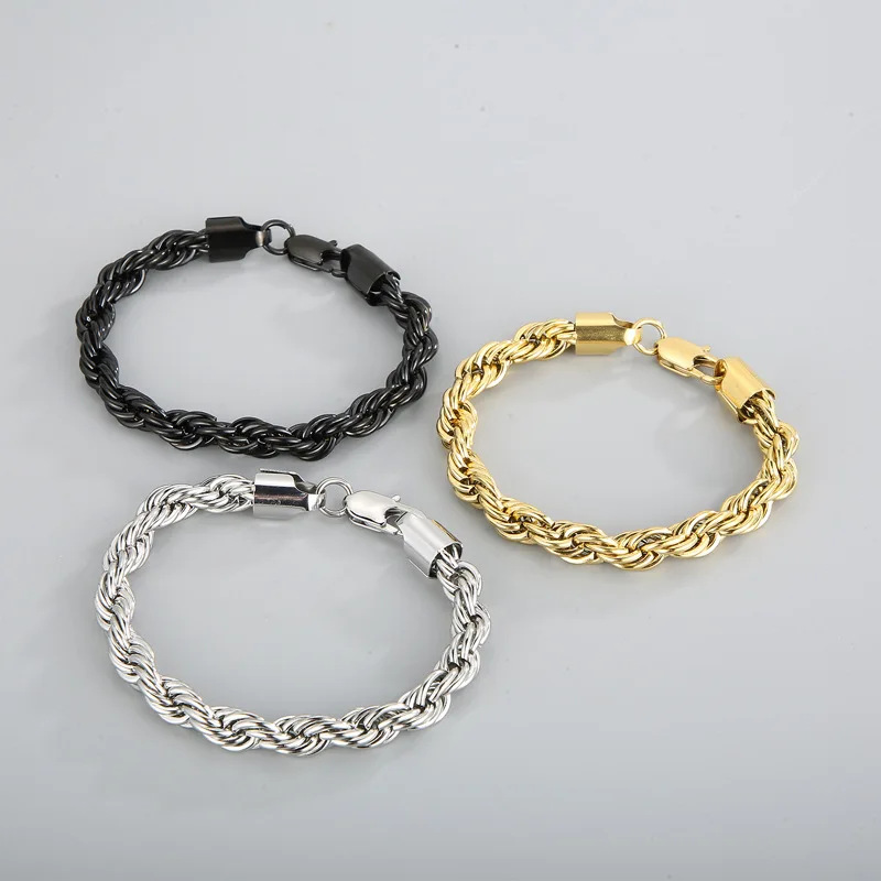 

European and American Fashion Simple Men's Fried Dough Twists Chain 4/6/8mm Twisted Rope Chain Bracelet