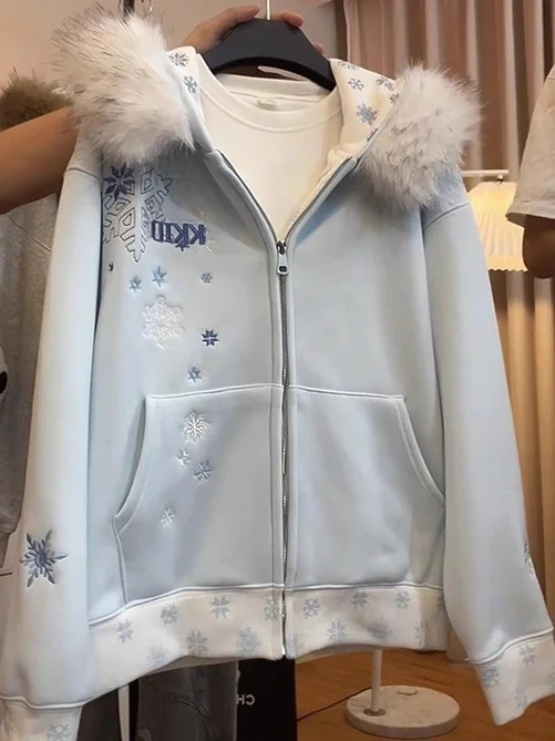 

Women's Oversized Fce Lined Hoodie with Embroidered Collar Thiened Autumn Winter Slimming Design Warm Outerwear