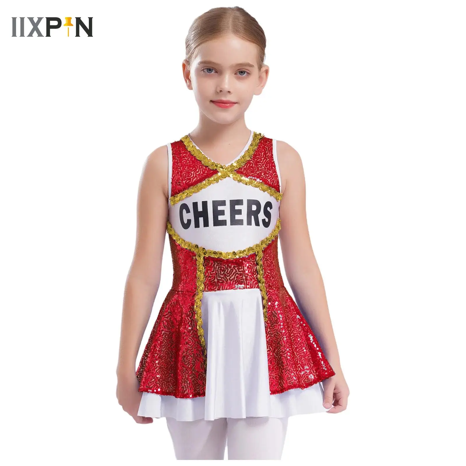 

Girls Cheerleading Uniform Dress Color Block Sparkling Sequins Dance Dress Halloween High School Cheer Dance Performance Costume