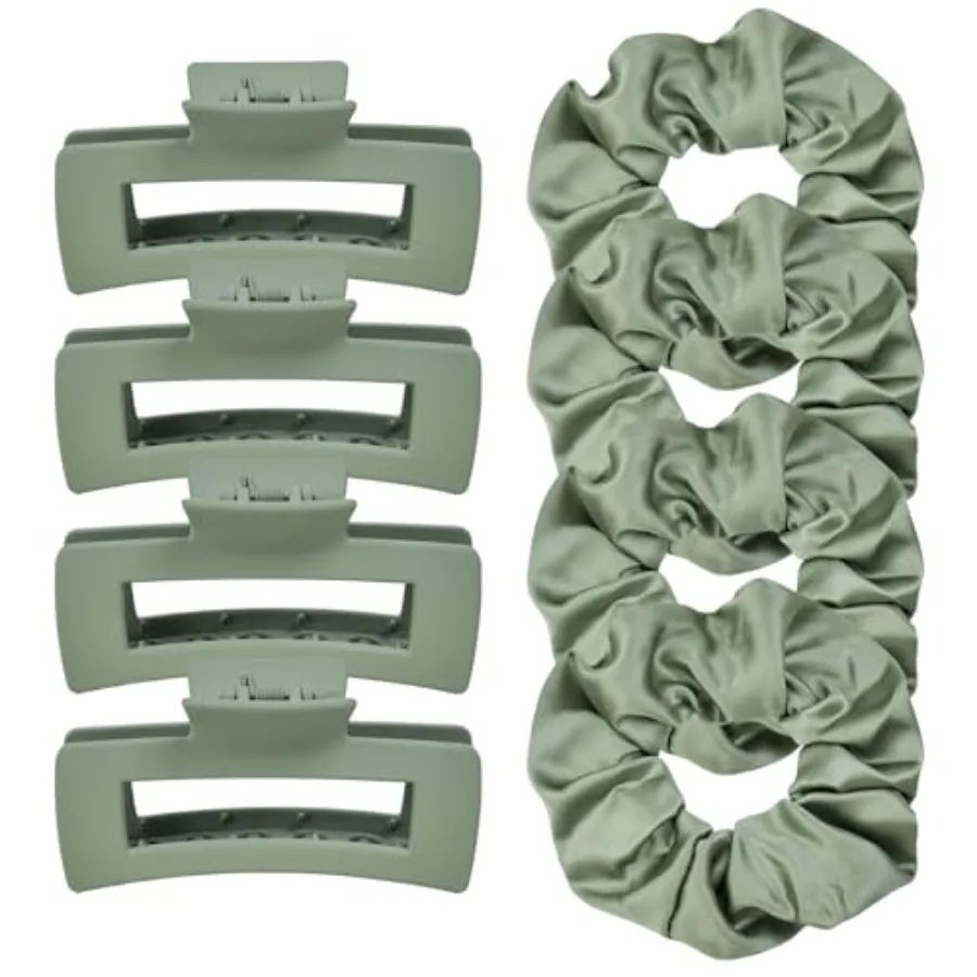 

8Pcs Hair Clips and Scrunchies Set for Women - 4 Medium Non-Slip Matte Square Claw Clips, 4 Large Satin Scrunchies, Hair Access