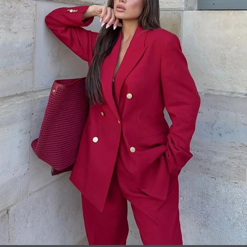 Graceful Women Suit Peaked Lapel Classic Design Female Outfit Jacket Pants Double Breasted High Street Casual Fashiion Set