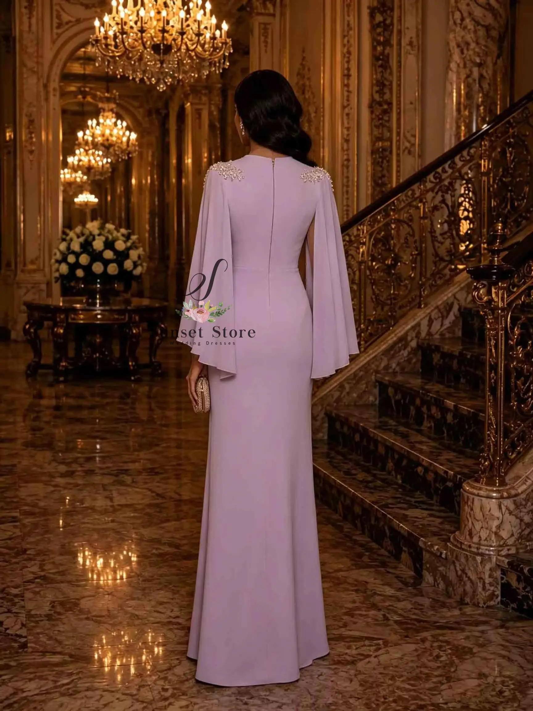 Customized  Evening Gown Cape Sleeve Chiffon Formal Dress Beaded Shoulder Side Slit Crepe Prom Party Gown For Women - view 2