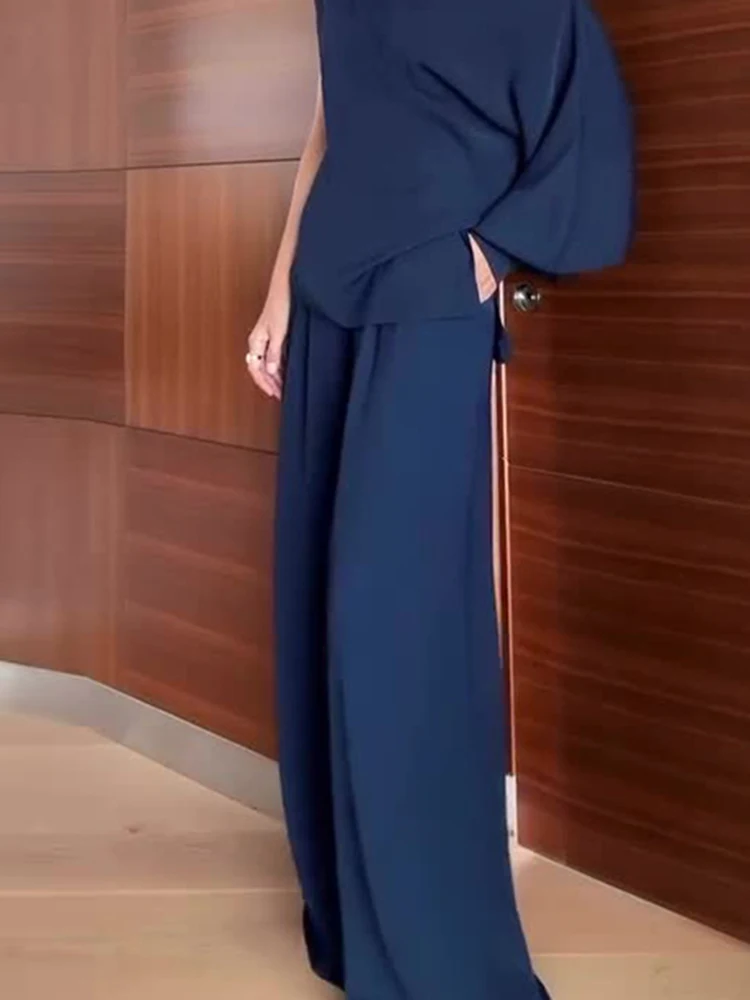 

Повседневные простые комплекты брюк с карманами, осенний новый однотонный свободный наряд для поездок на работу, модный женский комплект с разрезным воротником и рукавами на одно плечо