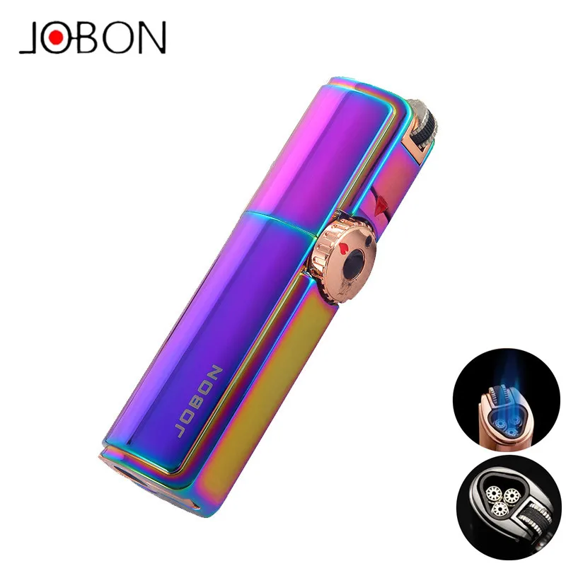 JOBON-Cigar Triple JET Flames Safe Lock Turbo Torch, Fire Grinding Wheel, Flint Lighter without Butane Gas for Gift