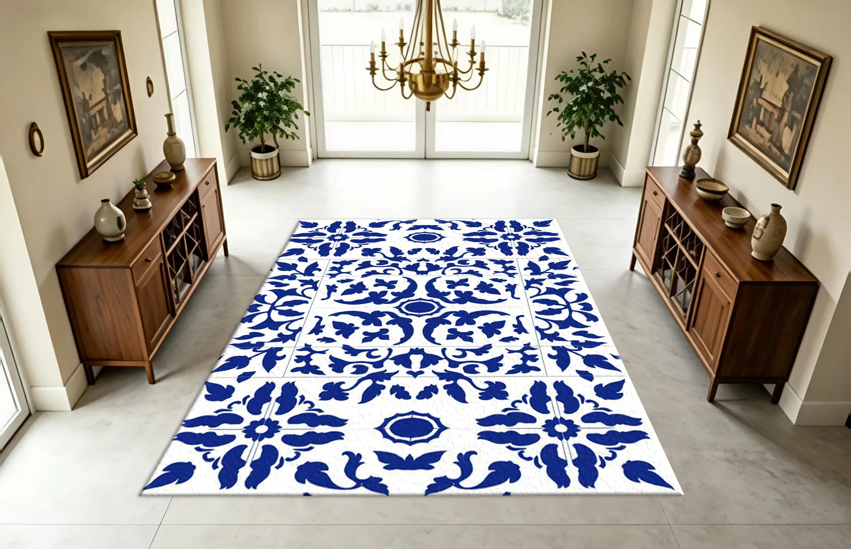 Blue and White Porcelain-Style Vintage Floral Tile Carpet Floor Classic Art Home Living Room Bedroom Decorative Carpet