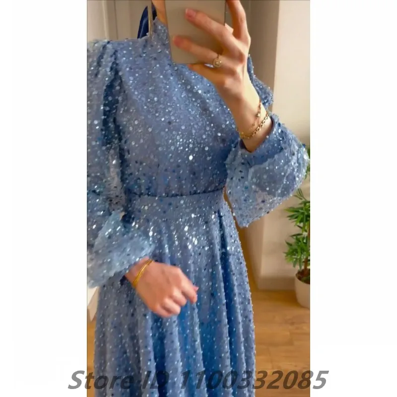 Eightale Customized 2025 Sky Blue Sequins High Neck A Line Long Sleeve Arabic Prom Dress Evening Dress Formal Party Gown