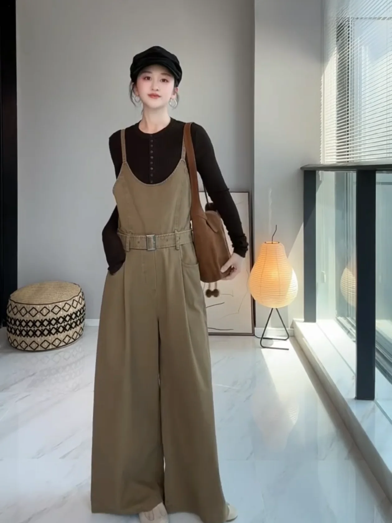 

Khaki Wide Leg Jumpsuit Women's Loose Fit Cotton Workwear High Waist Trousers Comfortable Lazy Sle oulder Strap Pants