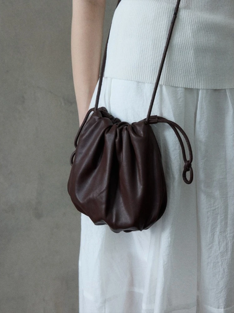 Minimalist Everyday Casual Mini Bucket Crossbody Bag for Women Pu Leather Drawstring Closure Soft Touch Lightweight Luxury