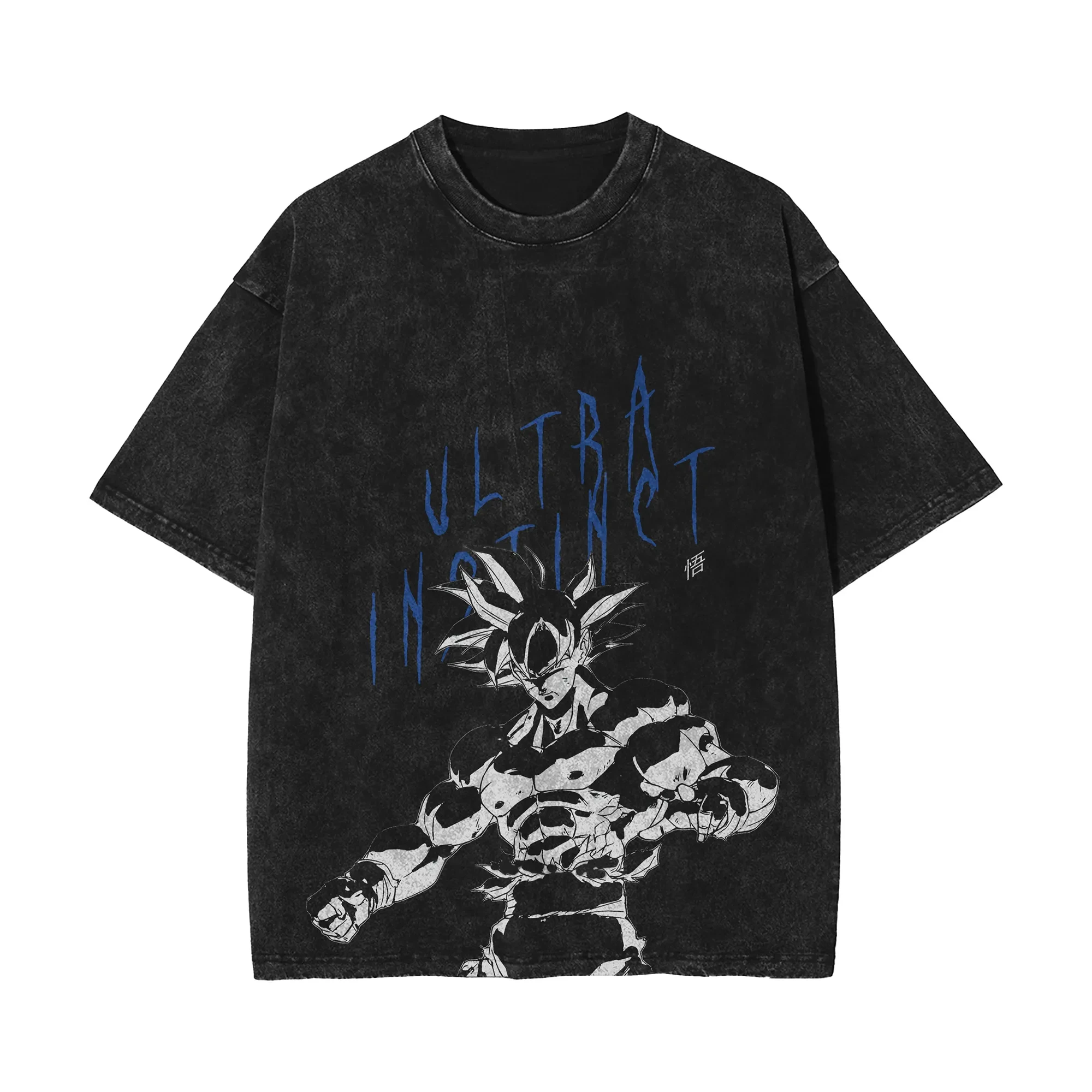 Goku Ultra Instinct T-Shirt Dragon Ball Super Herren Vintage Acid Wash Übergroßes Baumwoll-T-Shirt mit blauen Buchstaben und Manga-Grafik
