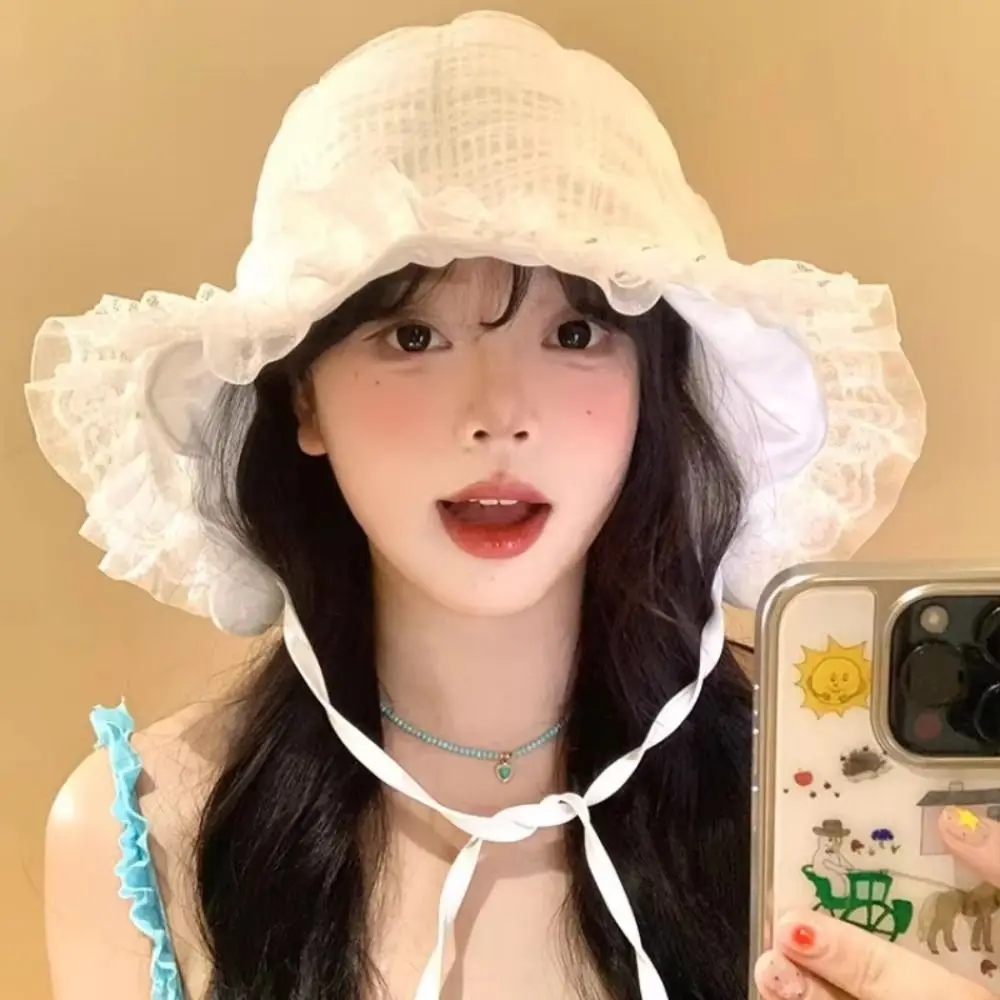 

French Summer Lace Bucket Hat White Lolita Fisherman Hat Wide Brim Thin Visor Basin Cap Girls