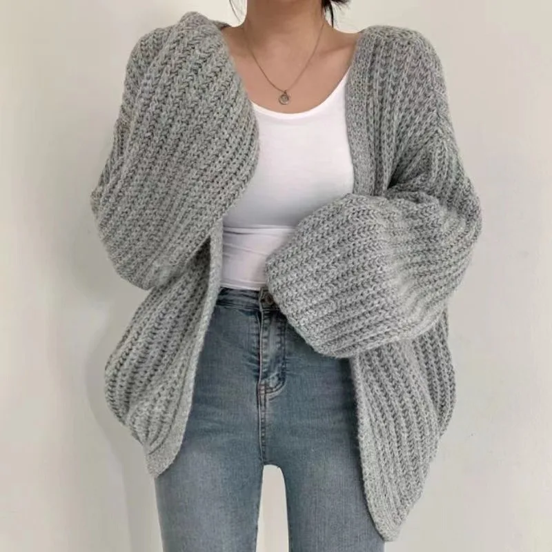 Women Sweaters V Neck Lantern Sleeve Cardigan Jumpers Knit Open Stitch Regular Solid Spliced Casual Simple Autumn 2025