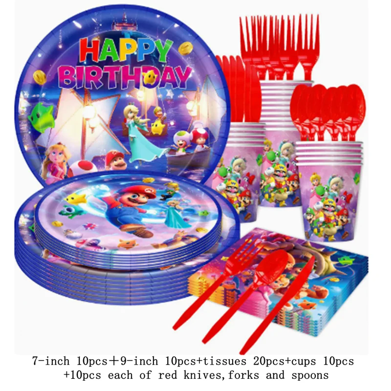 Mario Complete Birthday Party Supplies Set Galaxy Mario Themed Decor Kit with Banner Balloons Tableware Cake Toppers for Kids image 3