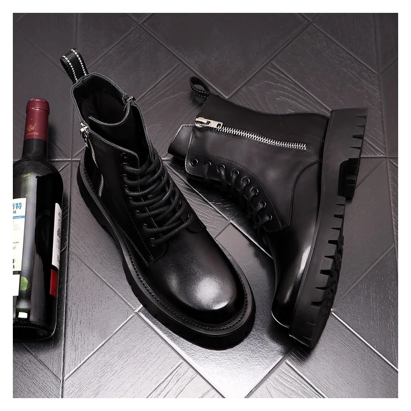 Men Luxury Fashion Genuine Leather Boots Black White Brand Designer Shoes Stage Nightclub Motorcycle Boot High Platform Botas view 4