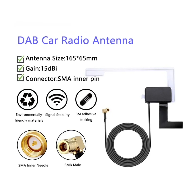 15dBi Active DAB Car Radio Head Unit Aerial Antenna Windshield Mount with 5V Automotive Digital SMB Plug Signal Receiver