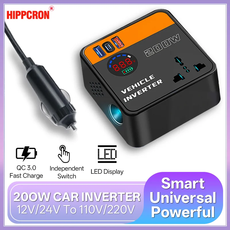 Hippcron Car Inverter DC12V/24V to DC110V/220V 200W Peak LED Display Sockets Power Inverter Adapters Fast Charging