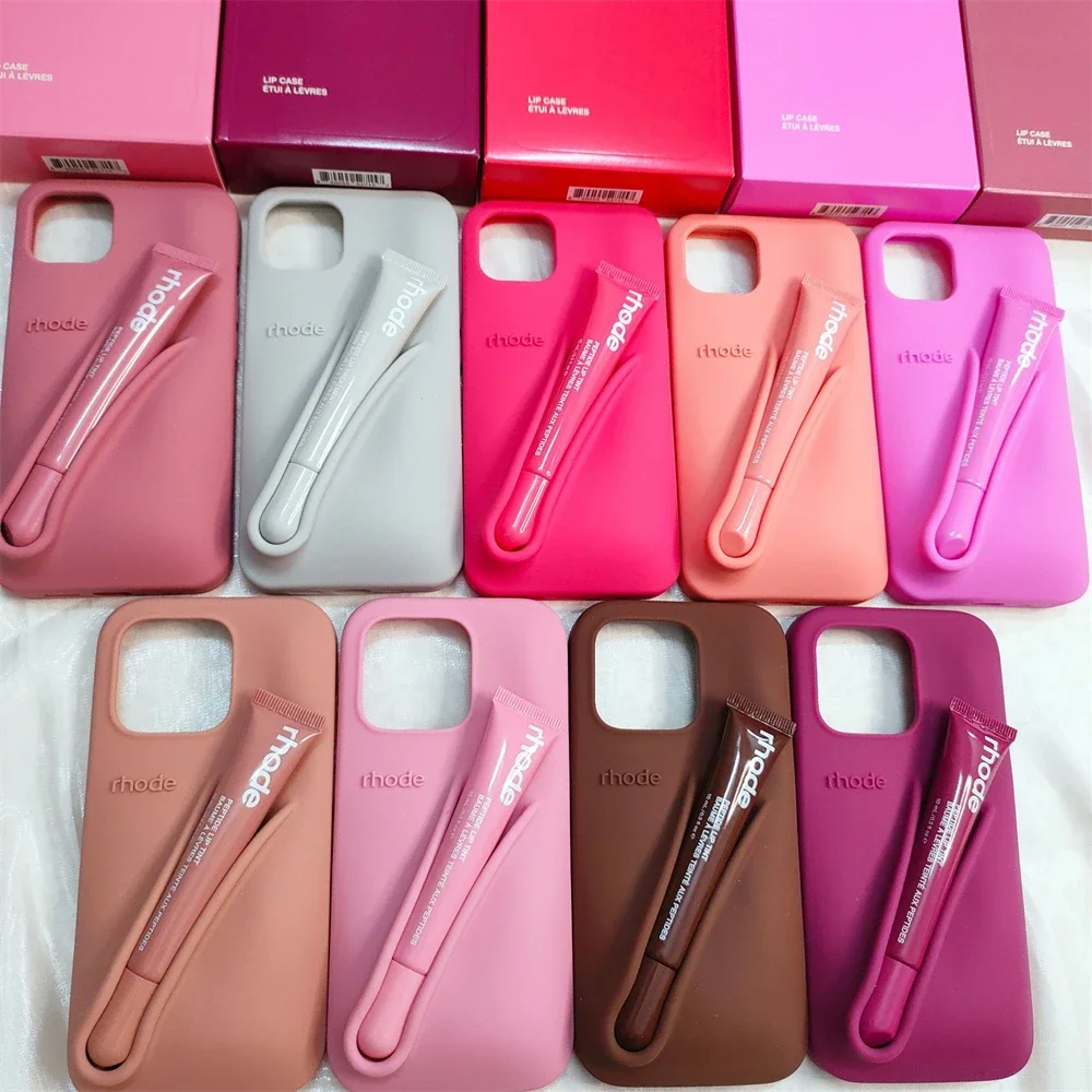 Rhode New Color INS Lipstick Silicone DIY Phone Case For iPhone 16 15 14 13 12 11 Pro Max Plus With Lip Gloss Set Back Cover image 4