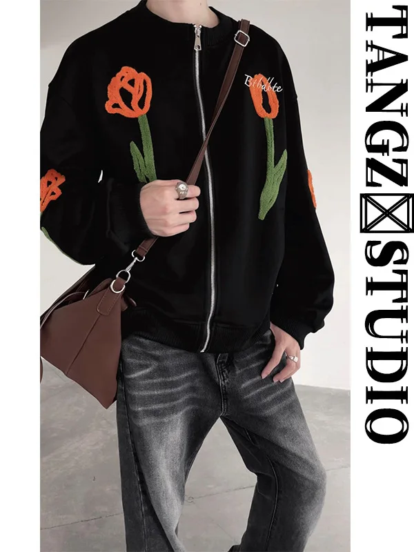 

Tangz Studio American Retro Floral Towel Embroidered Jaet Loose Casual Baseball Outfit Coat Polyester ex Autumn Wear