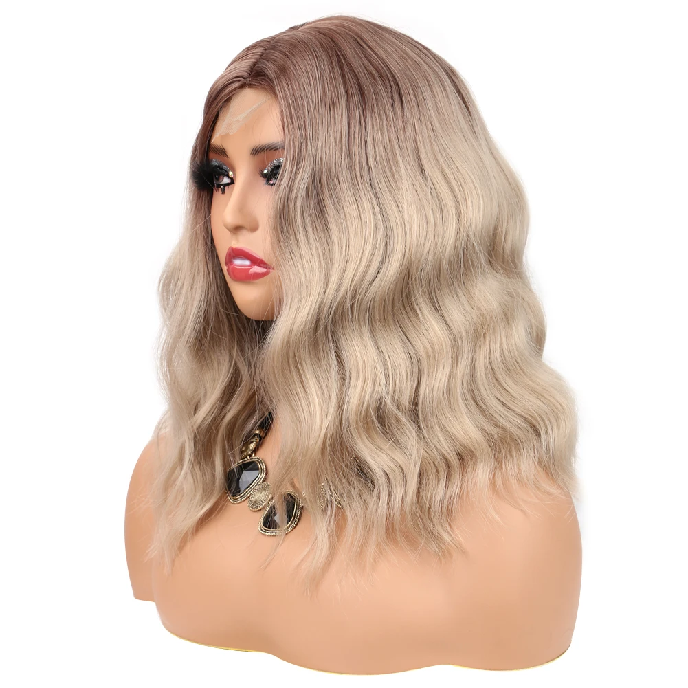 براون مختلط شقراء قصيرة متموجة الباروكات للنساء الجزء الأوسط الدانتيل شعري بوب شعر مستعار الاصطناعية 14 بوصة تسليط الضوء على الشعر الطبيعي