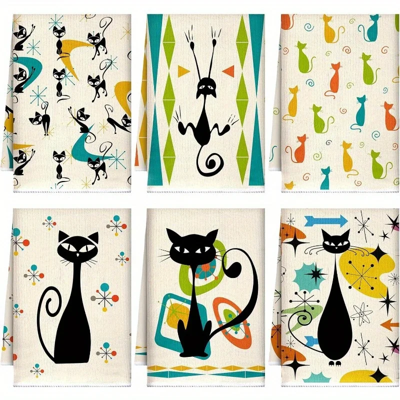 6-Pack Whimsical Black Cat Bathroom Hand Towel Set