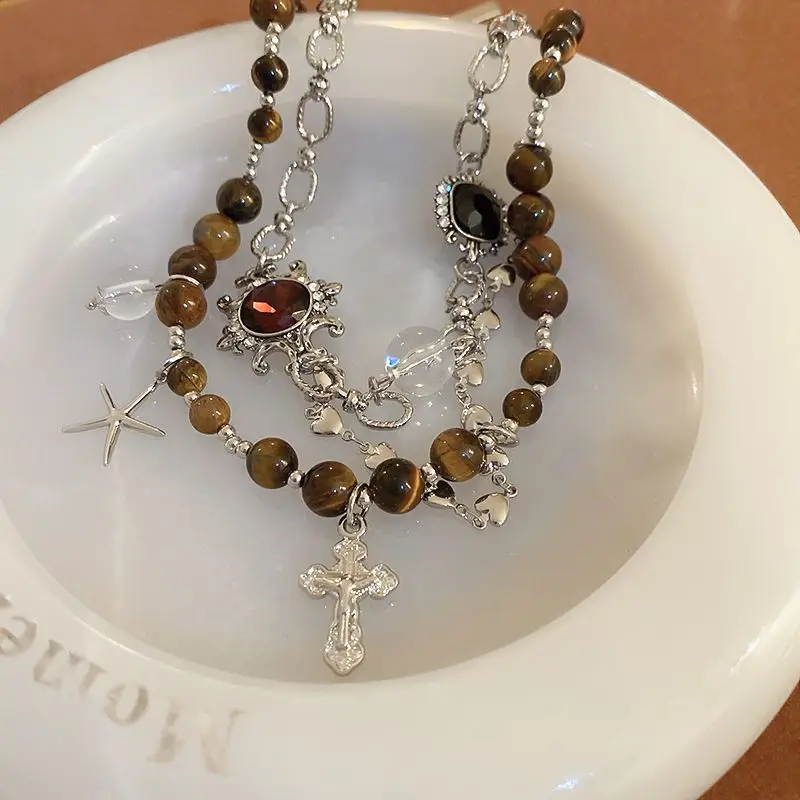 Tiger Eye Stone Double layered Starfish Cross Necklace Fashion Neckchain Personalized Creative Design Sense