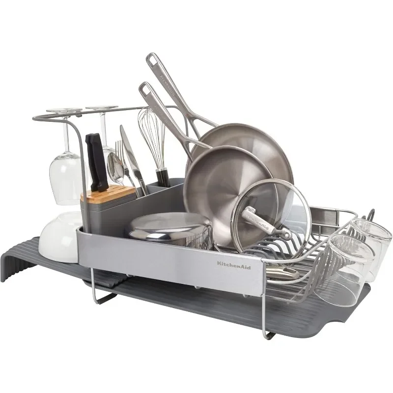 

Compact to Full Size Expandable, Rust Resistant Satin Coated Dish Rack with Angled Self Draining Drain Board