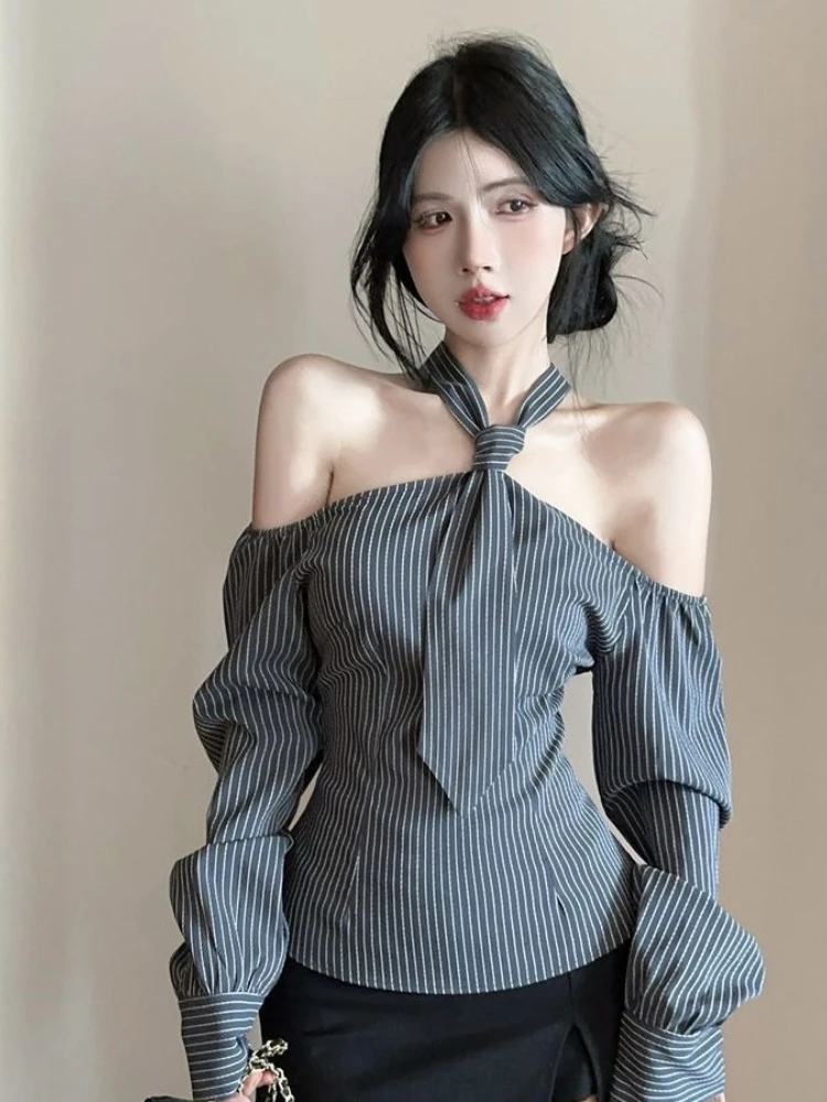 

Korean Design Blouses Halter Long Sleeve Striped Off Shoulder Shirts Spicy Girl Y2k Harajuku Top 2025 Spring Slim Women Clothing