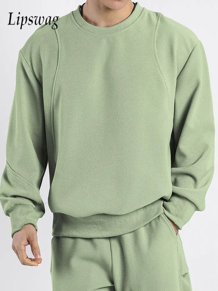 

2025 Spring New Casual Mens Sweatshirts Solid Color Waffle Long Sleeve Jumper Tops Men Fashionable Loose Sweatshirt Streetwear