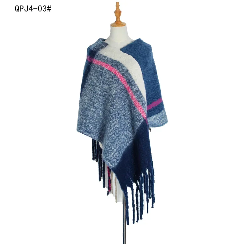 

2025 new Autumn Winter Women's Shawl Coarse Tassel Loop Yarn Warm Capes Lady Ponchos Loose Coat Cloak Blue Pullover