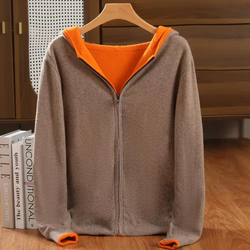 

100% pure wool sweater men's double-sided wearable thickened hooded knitted sweater solid color loose casual jacket sweater