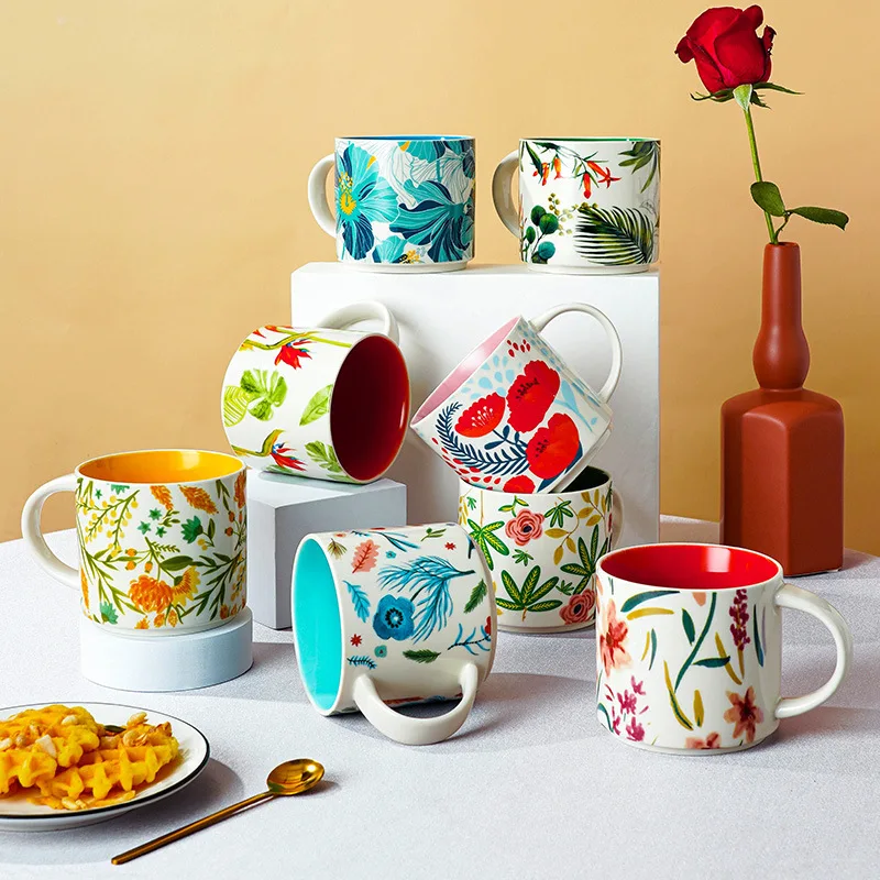 

Floral Glaze Ceramic Mug Large Capacity Breakfast Cup for Home Use