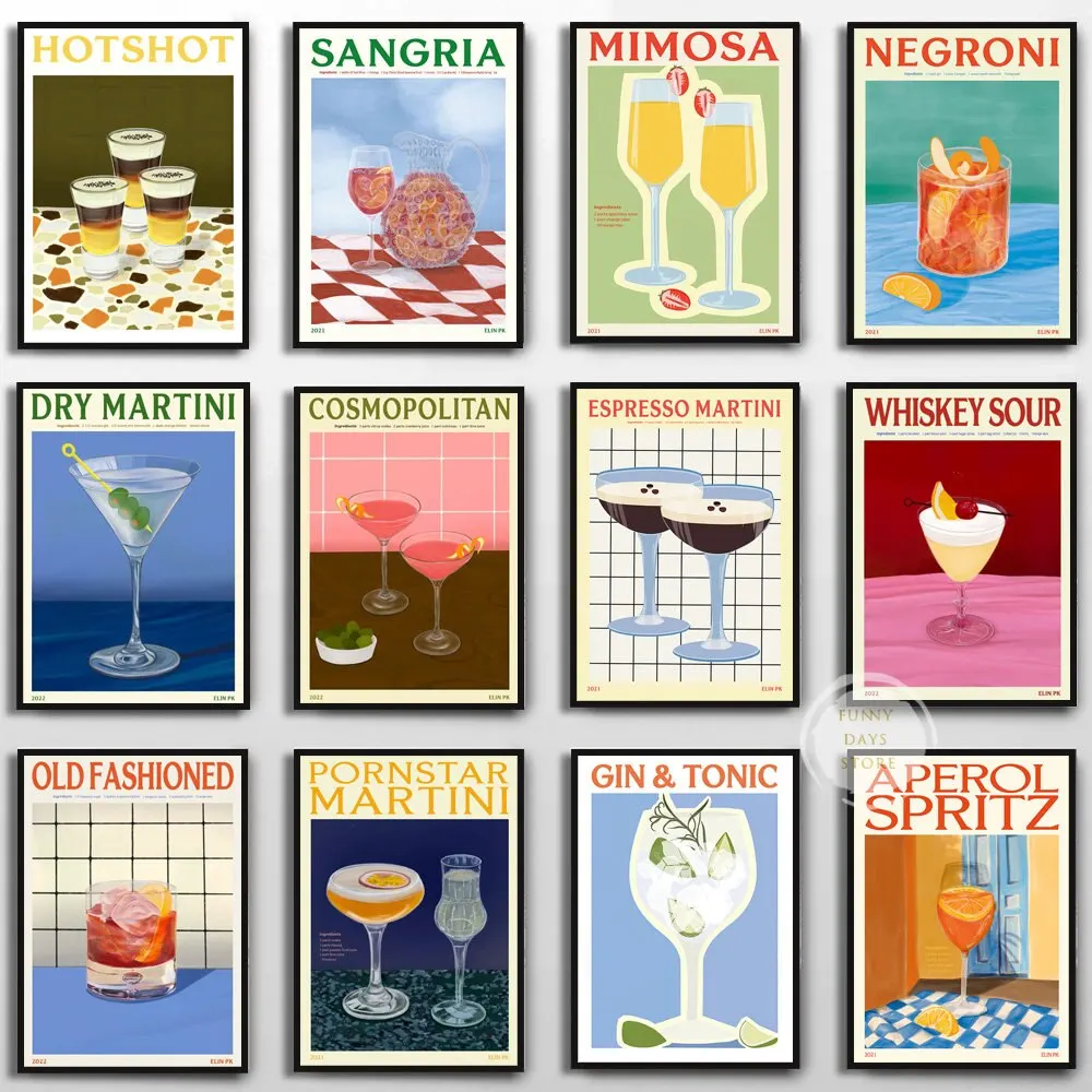 Arte de cóctel Aperol Spritz Sangria Negroni Martini whisky carteles lienzo decoración de pared para Bar Club hogar